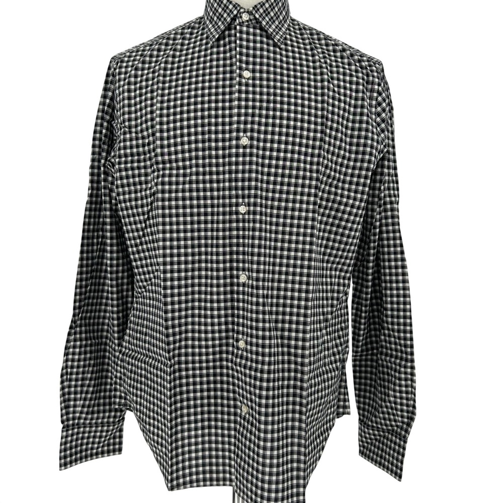 Mens Black Gingham Cotton Long Sleeve Button Up Collared Dress Shirt L Workwear - Picture 1 of 6
